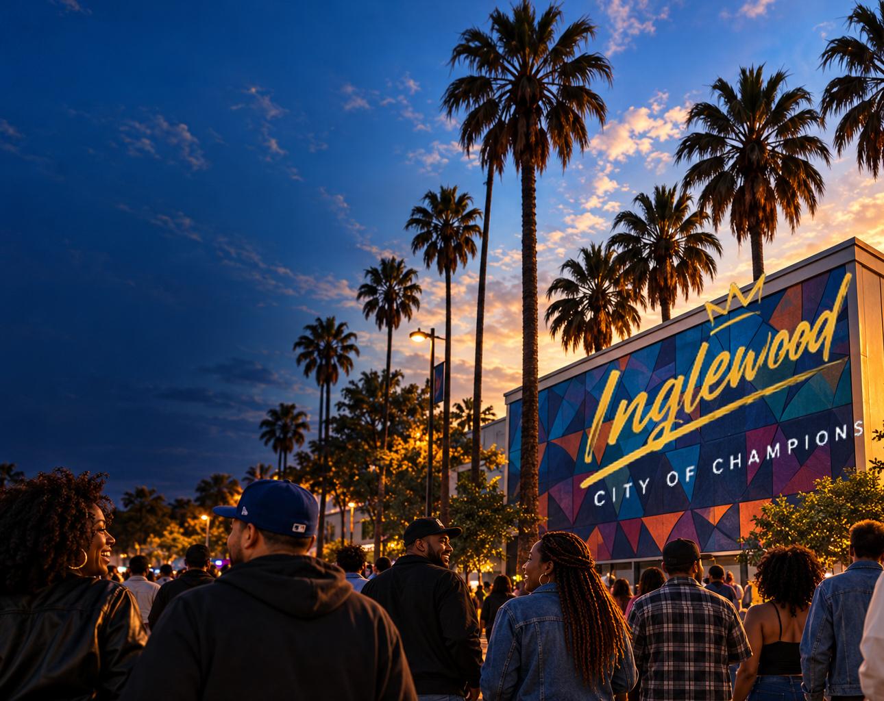 Palm trees over an Inglewood mural at dusk