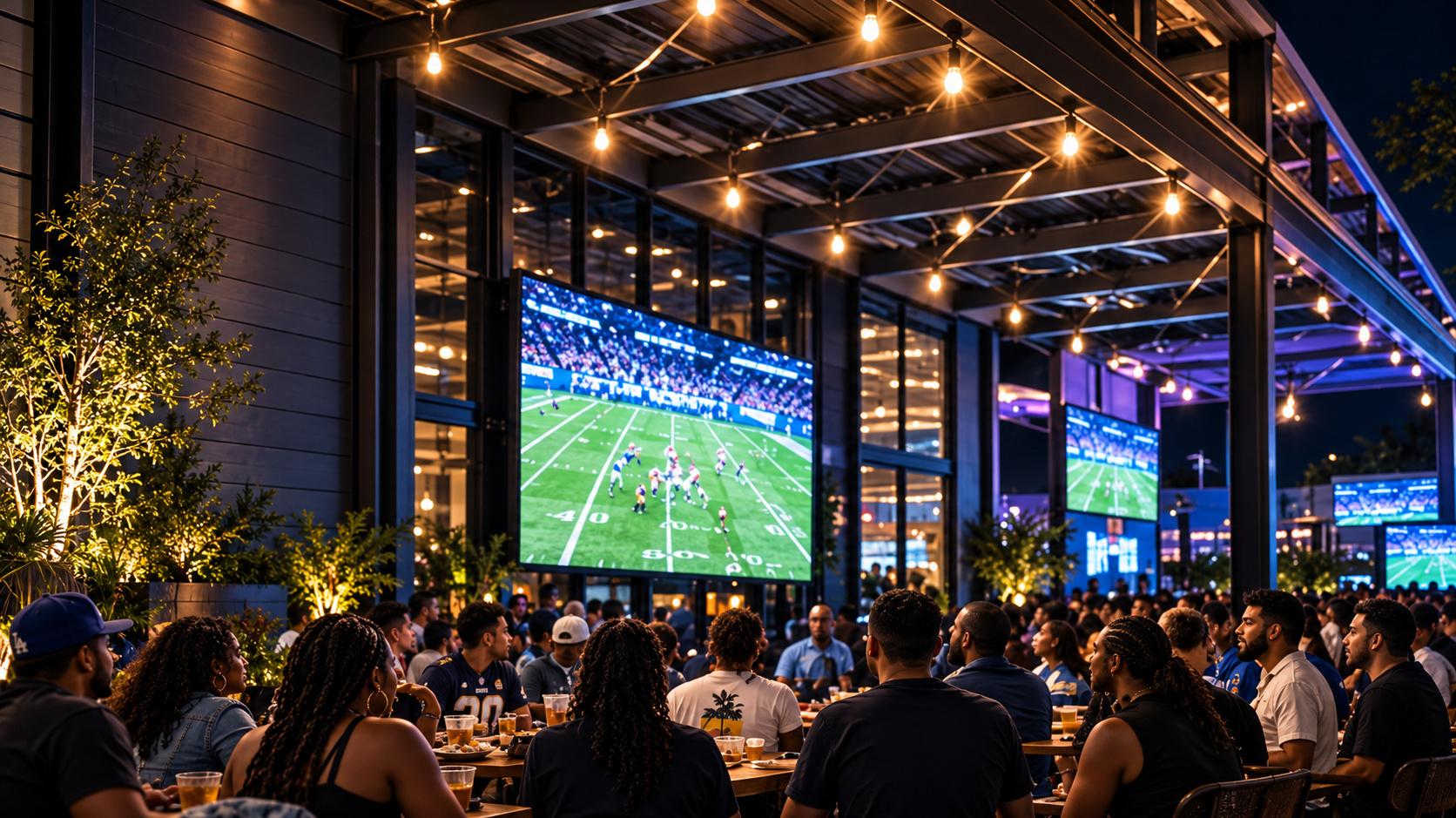 A packed outdoor venue under string lights watching football on a big screen