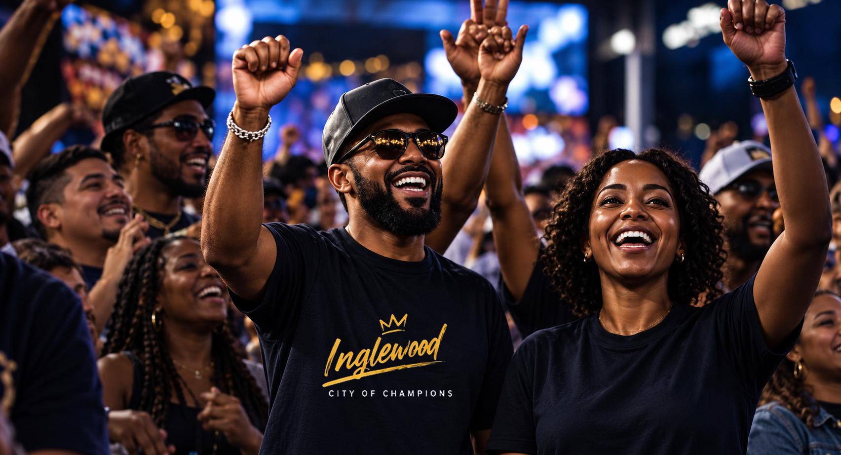 Neighbors in Inglewood shirts cheering with their arms up at a watch party
