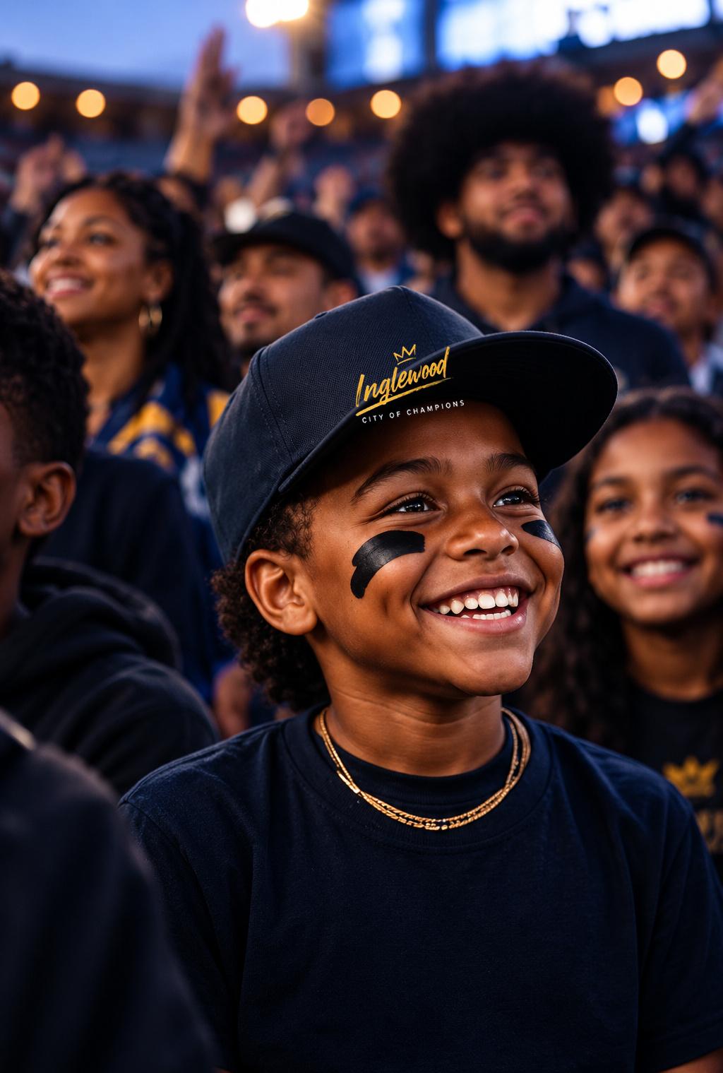 A smiling kid in an Inglewood cap with eye black among other young fans