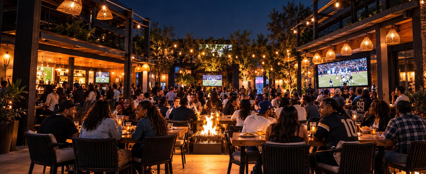 A local restaurant and bar full of fans at night