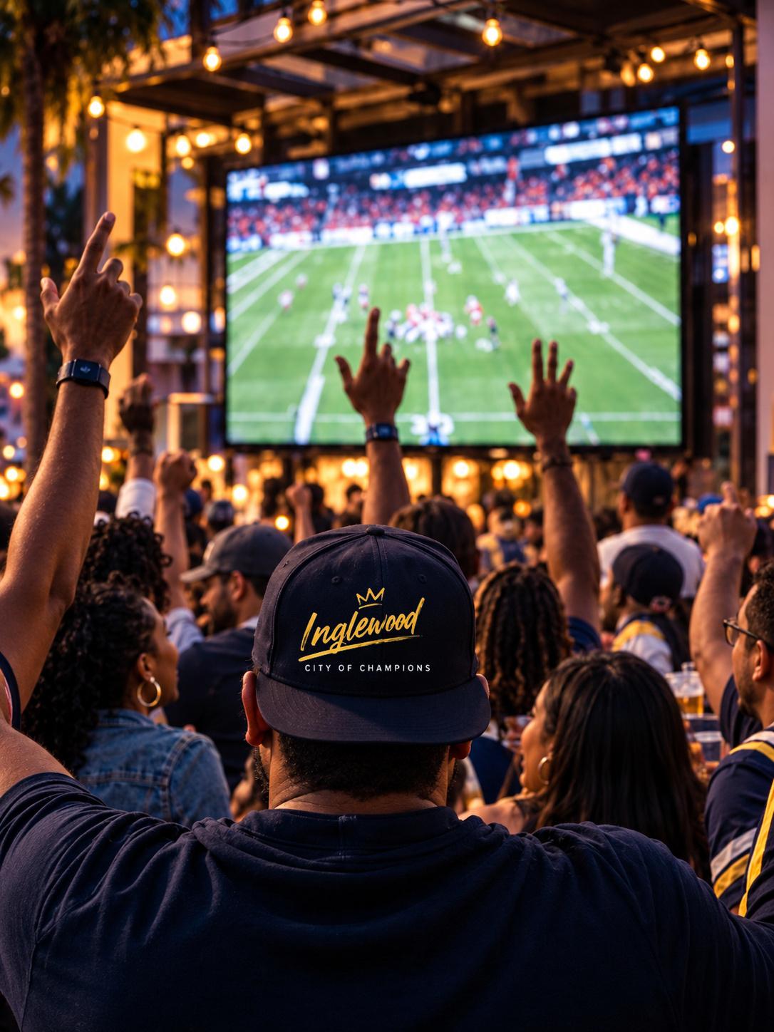 Fans in a packed venue cheering toward a big screen