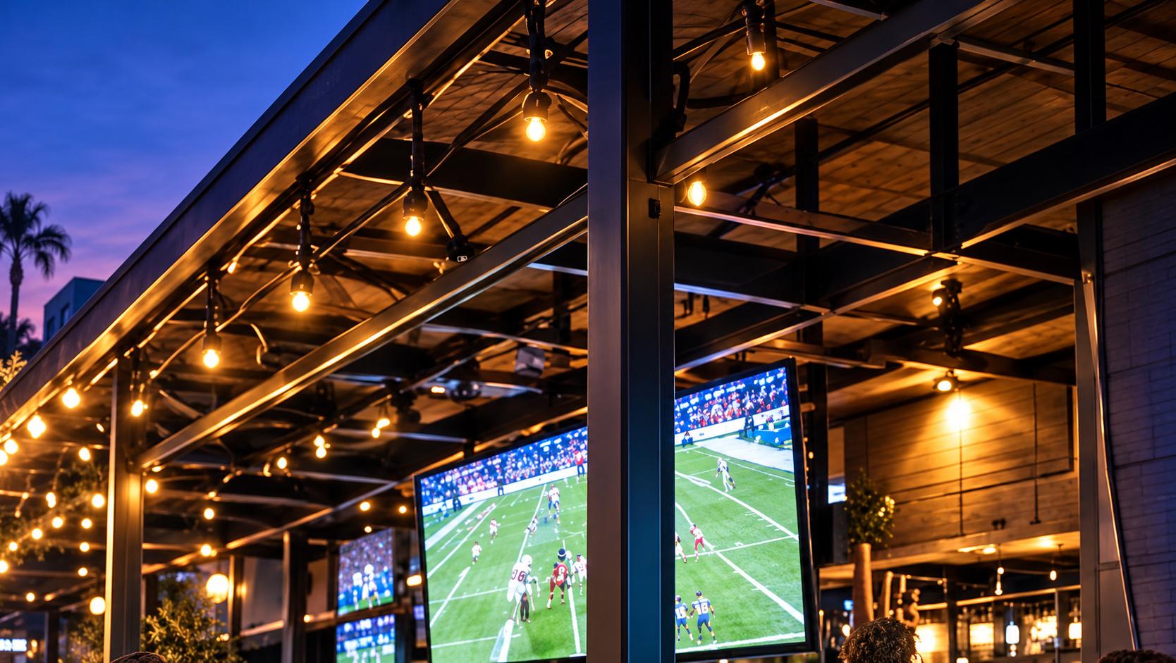 The Meeting Spot: patio screens, string lights and fans gathered for a game
