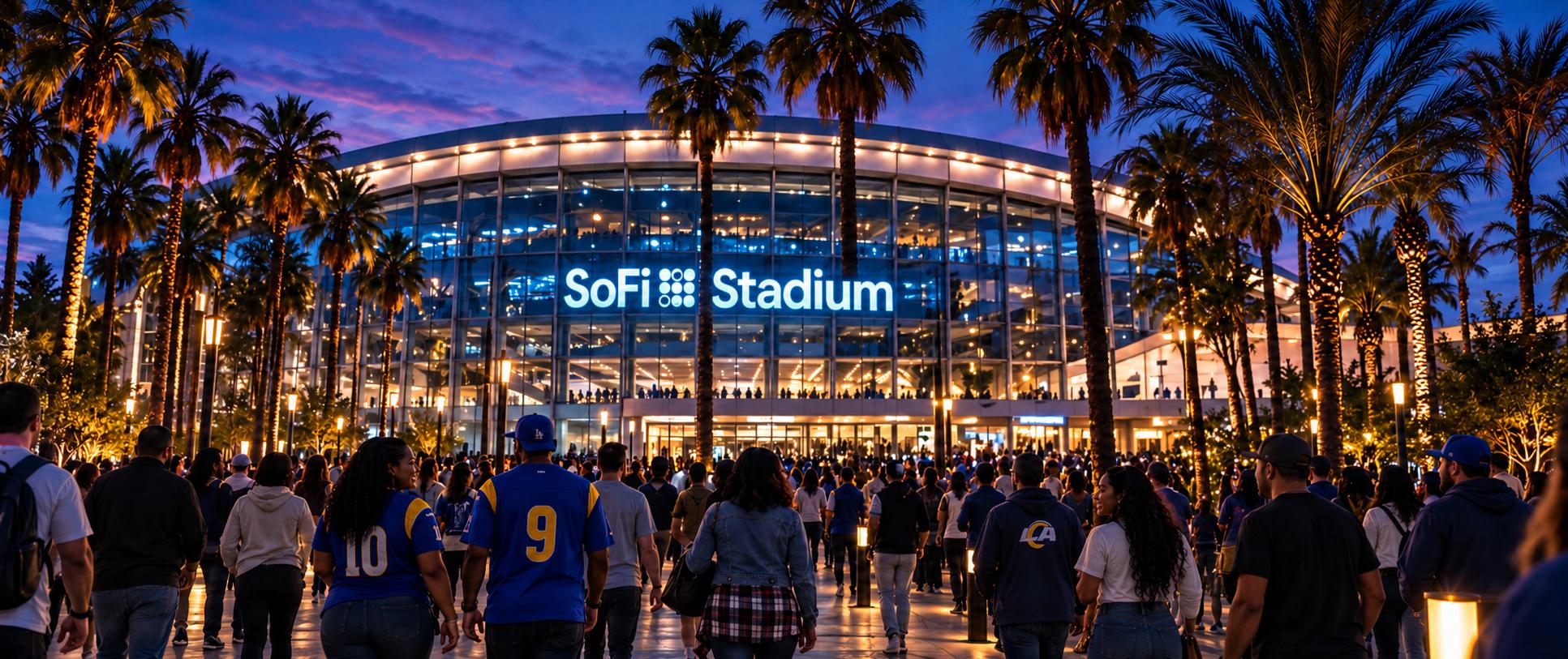 Fans gathered outside the stadium at dusk under palms for a watch party