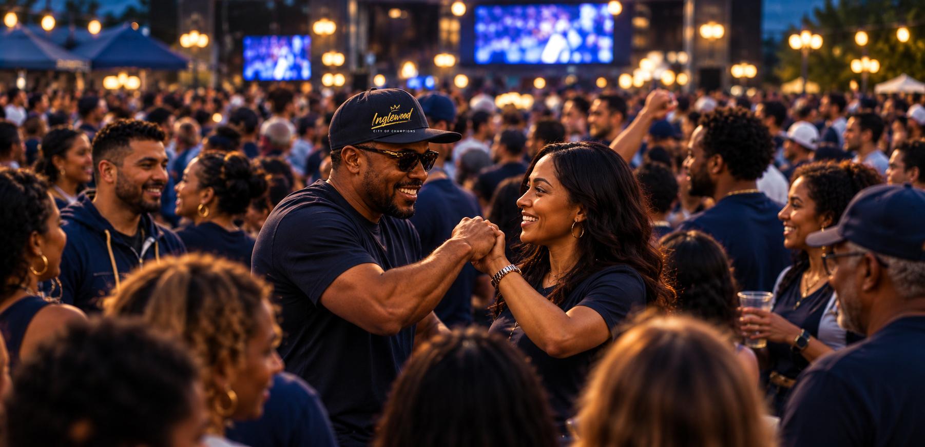 Neighbors in Inglewood gear bumping fists in a game-day crowd