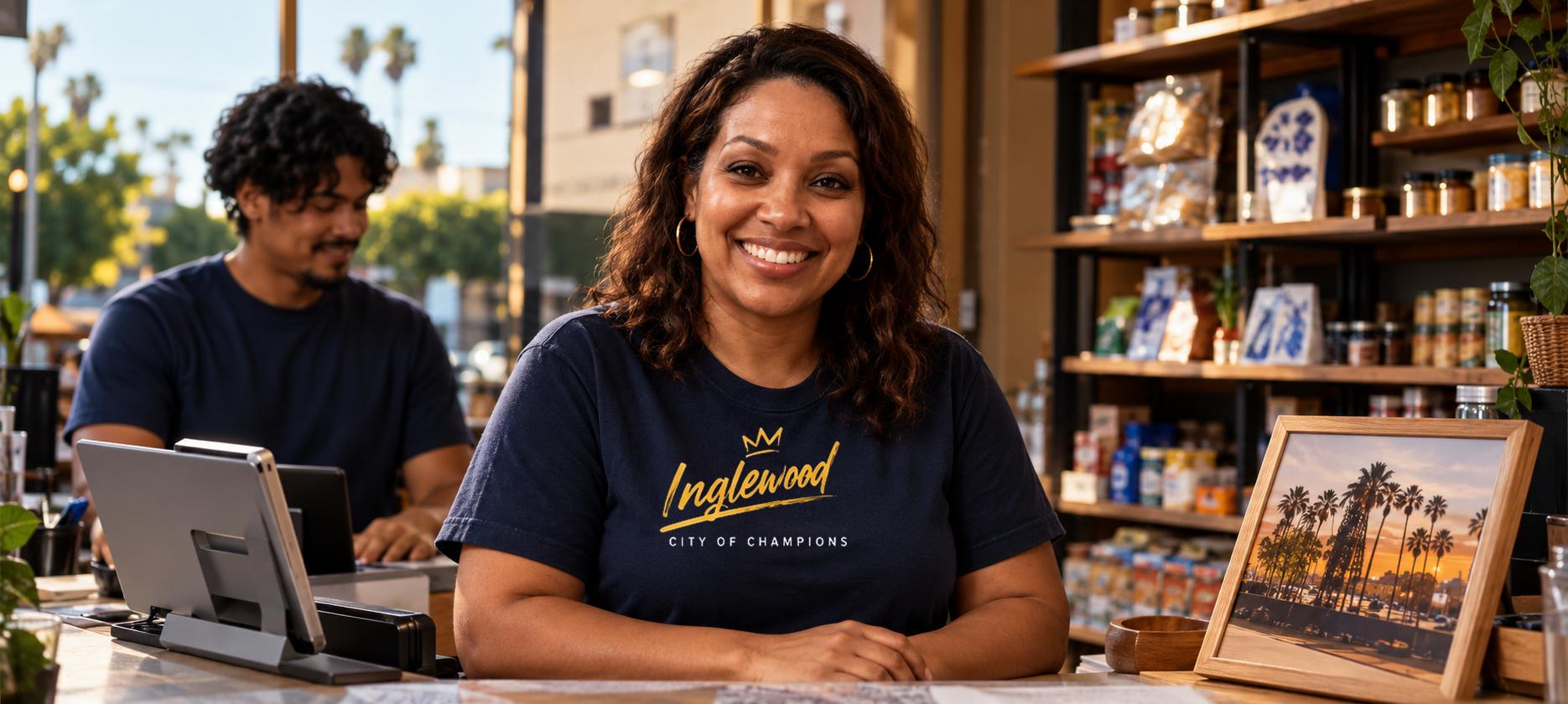 A local shop owner behind the counter