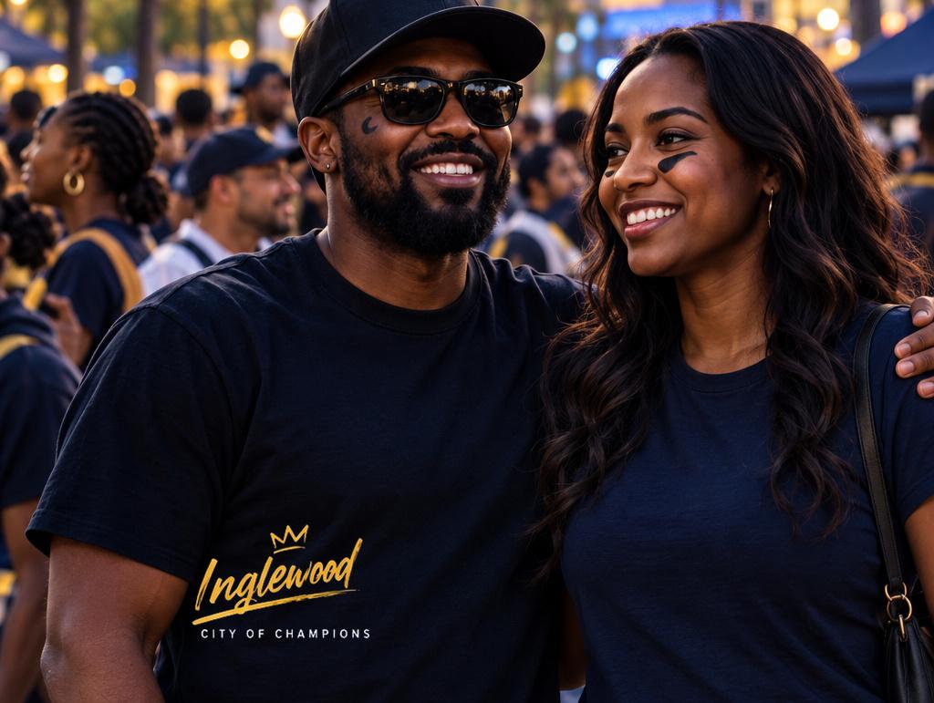 Two neighbors in Inglewood caps smiling together