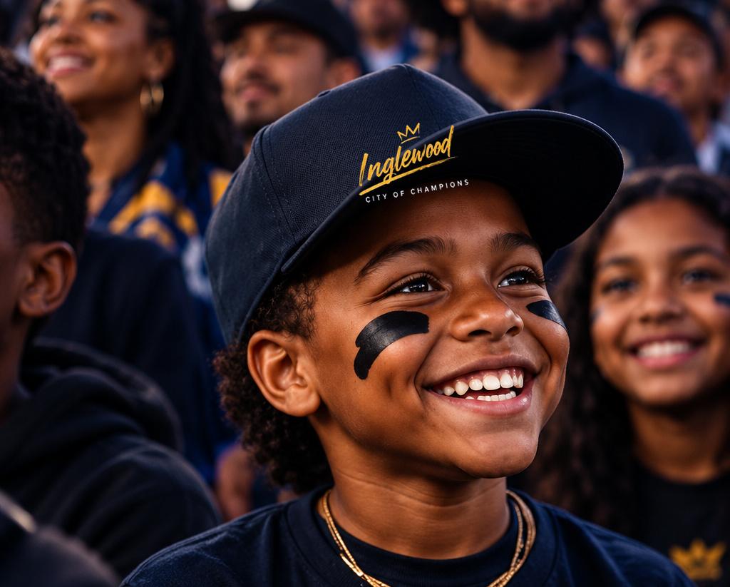 A smiling young fan in an Inglewood cap with eye black among other kids