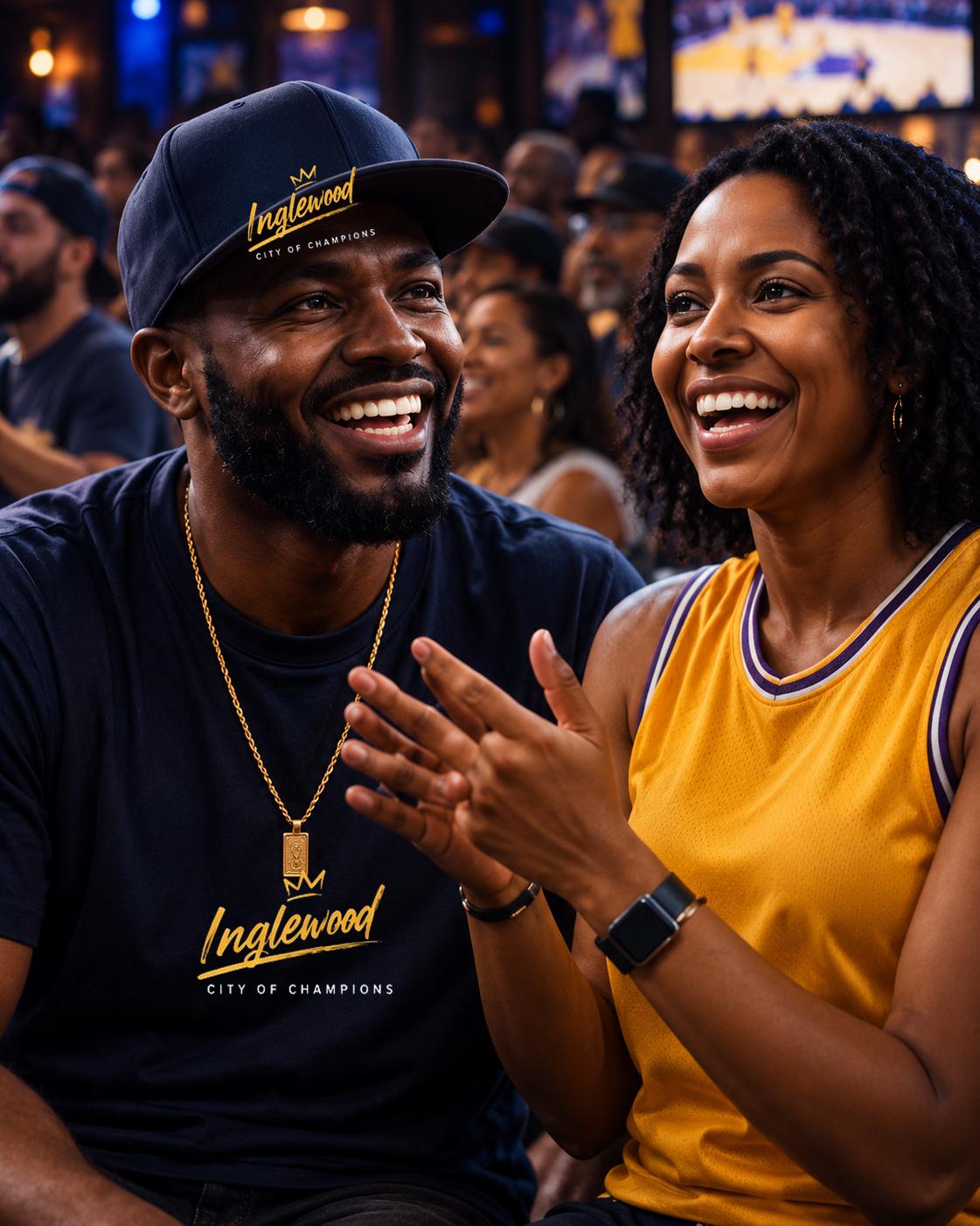 Two fans laughing together at a watch party