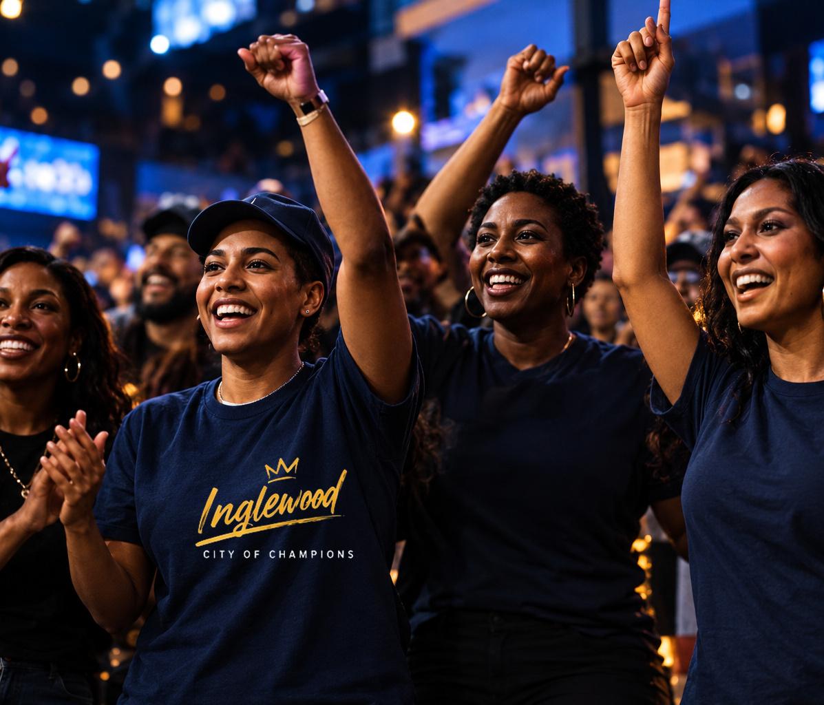 Fans in Inglewood shirts celebrating with their arms up